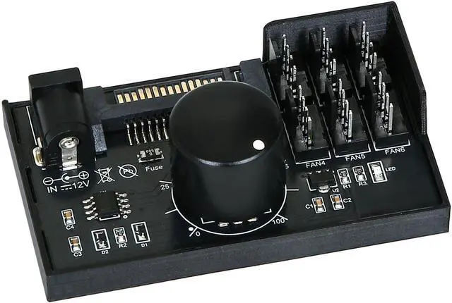 Main image of 12V 4-Pin PWM Fan Controller 6 PC Fans Supported, Fan Speed Adapter Hub for Fans Cooling, Adjustable Speed Knob, SATA & DC Dual Power Input, 60W 5A Output Max