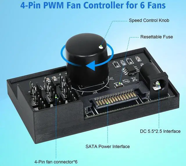 Alt view image 2 of 7 - 12V 4-Pin PWM Fan Controller 6 PC Fans Supported, Fan Speed Adapter Hub for Fans Cooling, Adjustable Speed Knob, SATA & DC Dual Power Input, 60W 5A Output Max