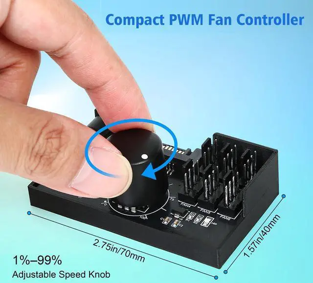 Alt view image 5 of 7 - 12V 4-Pin PWM Fan Controller 6 PC Fans Supported, Fan Speed Adapter Hub for Fans Cooling, Adjustable Speed Knob, SATA & DC Dual Power Input, 60W 5A Output Max