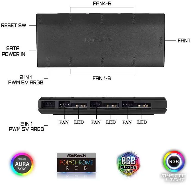 Alt view image 7 of 7 - 7-Port 4PIN SATA PWM 5V 3PIN ADDRESSABLE RGB Fan Hub/Splitter for 4-Pin & 3-Pin Case Fans in Black-P7PRGB