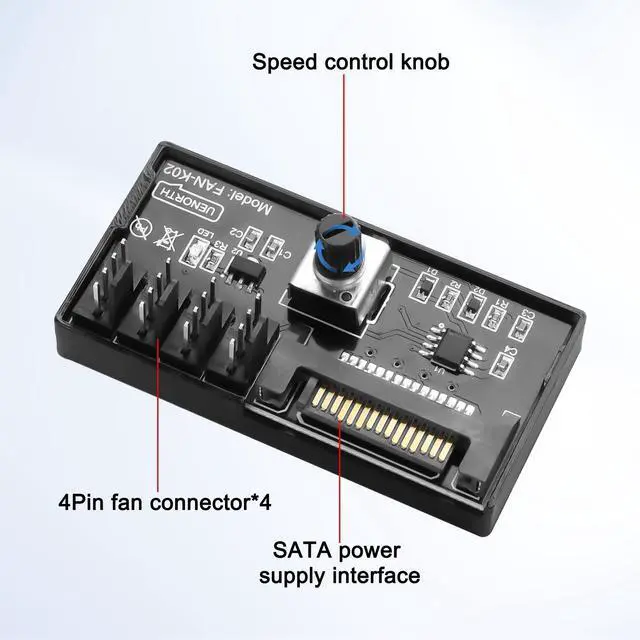 Alt view image 3 of 7 - Cooling Fan Speed Knob Controller 12V 4 Pin PWM PC Chassis Fan Adapter Hub Power Supplied with SATA Interface for 4 Fans -1 PCS