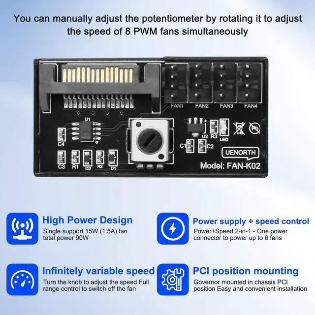 Alt view image 6 of 7 - Cooling Fan Speed Knob Controller 12V 4 Pin PWM PC Chassis Fan Adapter Hub Power Supplied with SATA Interface for 4 Fans -1 PCS