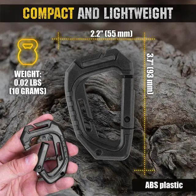 Alt view image 2 of 6 - Military Plastic Tactical Carabiners - Multi Purpose 3,72,2 inches Carabiner Clip Tactical D Ring - Plastic D-Clips Pack of 5 (Black)