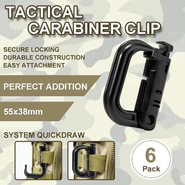 Alt view image 5 of 6 - 6 Pack 2.12 Tactical Locking D Ring Plastic Carabiner Backapck Molle Hook Clip for Webbing Straps Bag (Black)
