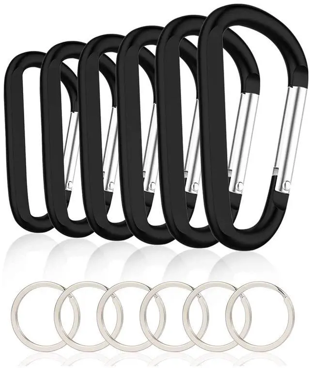 Main image of 6PCS Black Carabiner Caribeaner Clip,3" Large Aluminum D Ring Shape Carabeaner with 6PCS Keyring Keychain Hook
