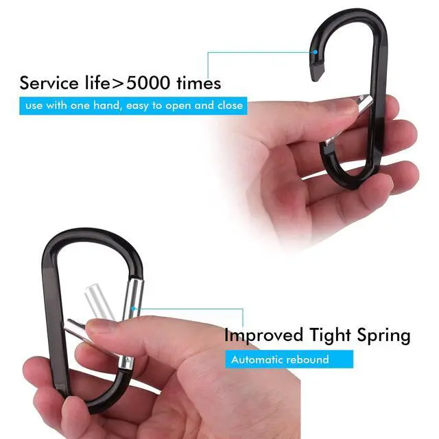 Alt view image 3 of 5 - 6PCS Black Carabiner Caribeaner Clip,3" Large Aluminum D Ring Shape Carabeaner with 6PCS Keyring Keychain Hook