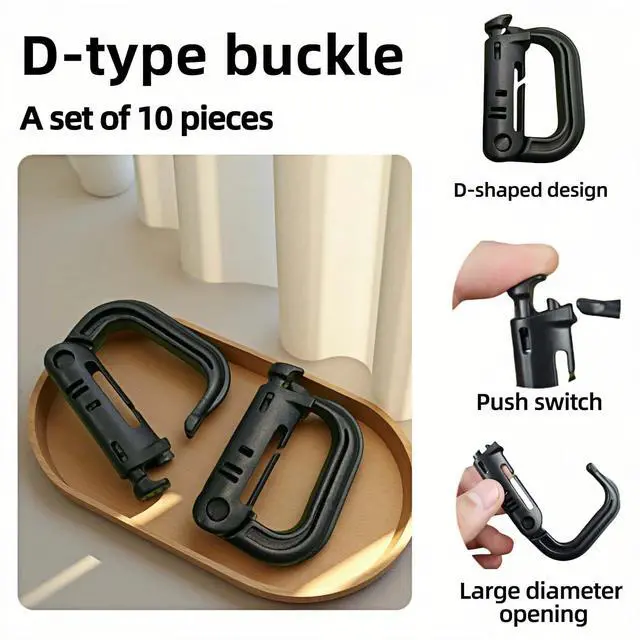 Alt view image 6 of 7 - Tactical D-Ring Carabiner for Hiking/Military/EDC - Lightweight Plastic Mountain Carabiner with Quick-Release, MOLLE Compatible, 10-Pack Black