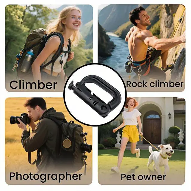 Alt view image 7 of 7 - Tactical D-Ring Carabiner for Hiking/Military/EDC - Lightweight Plastic Mountain Carabiner with Quick-Release, MOLLE Compatible, 10-Pack Black