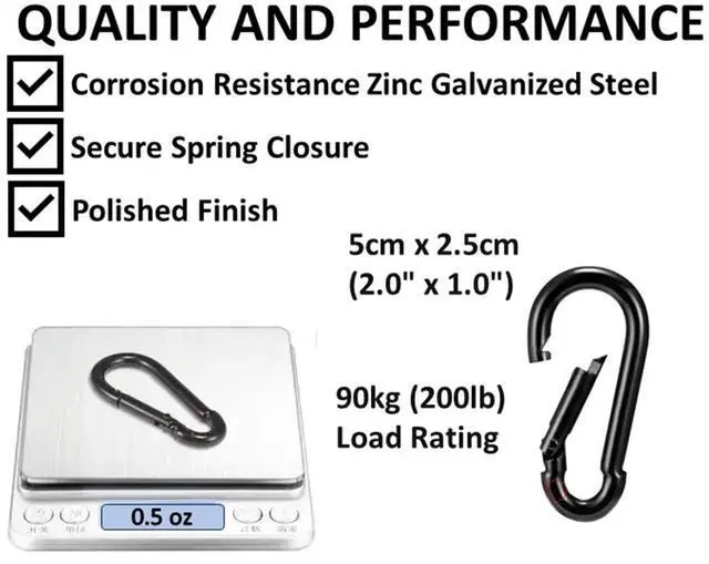 Alt view image 3 of 7 - Black & Silver Zinc-Galvanized Heavy Duty Bushcraft Carabiner Spring Snap Clip Link Hooks 200-500lb Load 2, 6 & 12 Packs (Black-5cm-2 Pack)