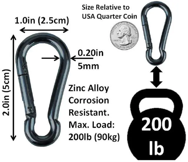 Alt view image 2 of 7 - Black & Silver Zinc-Galvanized Heavy Duty Bushcraft Carabiner Spring Snap Clip Link Hooks 200-500lb Load 2, 6 & 12 Packs (Black-5cm-2 Pack)