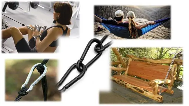 Alt view image 7 of 7 - Black & Silver Zinc-Galvanized Heavy Duty Bushcraft Carabiner Spring Snap Clip Link Hooks 200-500lb Load 2, 6 & 12 Packs (Black-5cm-2 Pack)