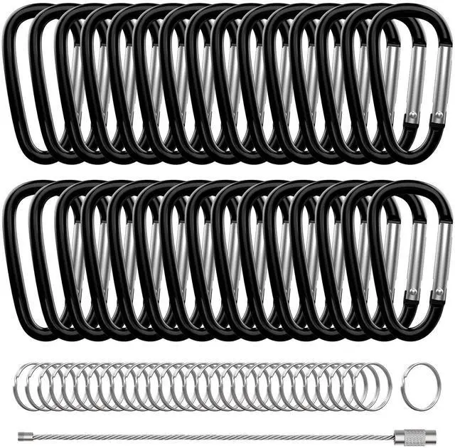 Main image of 30PCS Aluminum Carabiner Clips, 2" D Shape Spring Snap Hooks Carabiner with 30PCS Keyring Keychain Hook, Black