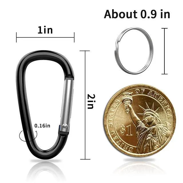 Alt view image 2 of 7 - 30PCS Aluminum Carabiner Clips, 2" D Shape Spring Snap Hooks Carabiner with 30PCS Keyring Keychain Hook, Black