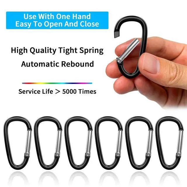 Alt view image 3 of 7 - 30PCS Aluminum Carabiner Clips, 2" D Shape Spring Snap Hooks Carabiner with 30PCS Keyring Keychain Hook, Black