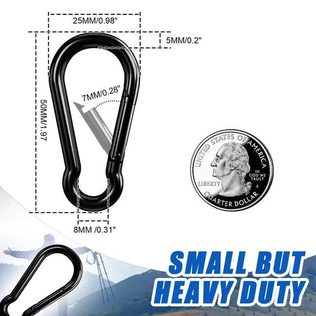 Alt view image 3 of 7 - Small Carabiner Clip Hook, 1.97 inch 10 pcs Black Heavy Duty Spring Snap Hook Key Chain, Carabiners Clips for Outdoor Camping, Swing Set, Hammock, Hiking Travel, Fishing, Quick Link Keychain