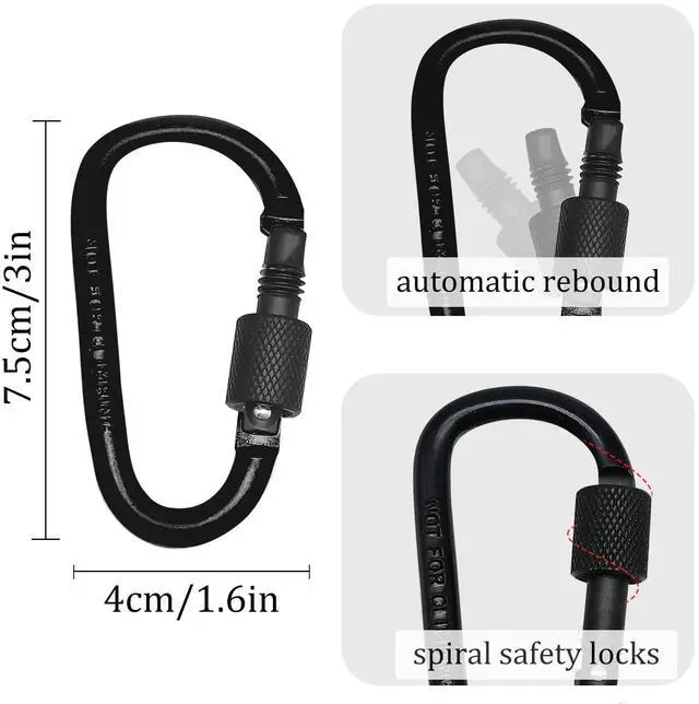Alt view image 4 of 7 - 6PCS 3 Inch D-Shape Screw Locking Carabiner Clips for Outdoor Gear