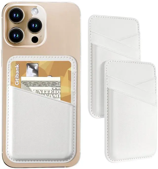 Main image of Back of Phone Card Holder, Leather White Cell Phone Wallet Stick on