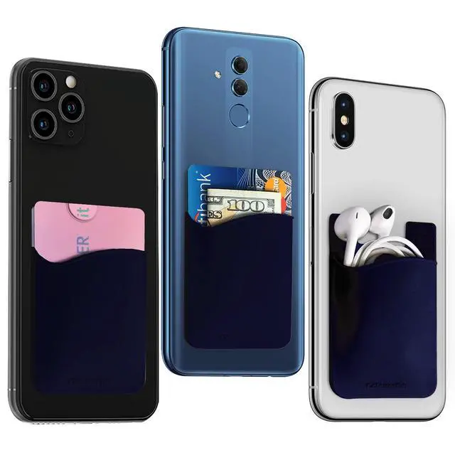 Alt view image 3 of 7 - USA Merchant Redesigned Card Holder - Silicone Stick on Cell Phone Wallet with Pocket for Credit Card ID Business Card - iPhone Android & Smartphones (Navy)