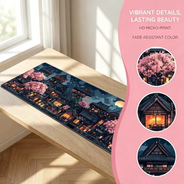 Alt view image 3 of 6 - Anime Cherry Blossom & Night Scene Desk Mat - Non-Slip XL/XXL Gaming Mouse Pad with Rubber Base, Durable Computer Accessory for Home Office, Gift for Gamers