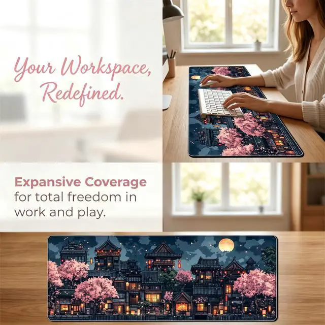 Alt view image 2 of 6 - Anime Cherry Blossom & Night Scene Desk Mat - Non-Slip XL/XXL Gaming Mouse Pad with Rubber Base, Durable Computer Accessory for Home Office, Gift for Gamers