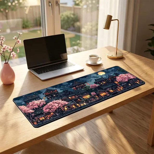 Alt view image 5 of 6 - Anime Cherry Blossom & Night Scene Desk Mat - Non-Slip XL/XXL Gaming Mouse Pad with Rubber Base, Durable Computer Accessory for Home Office, Gift for Gamers