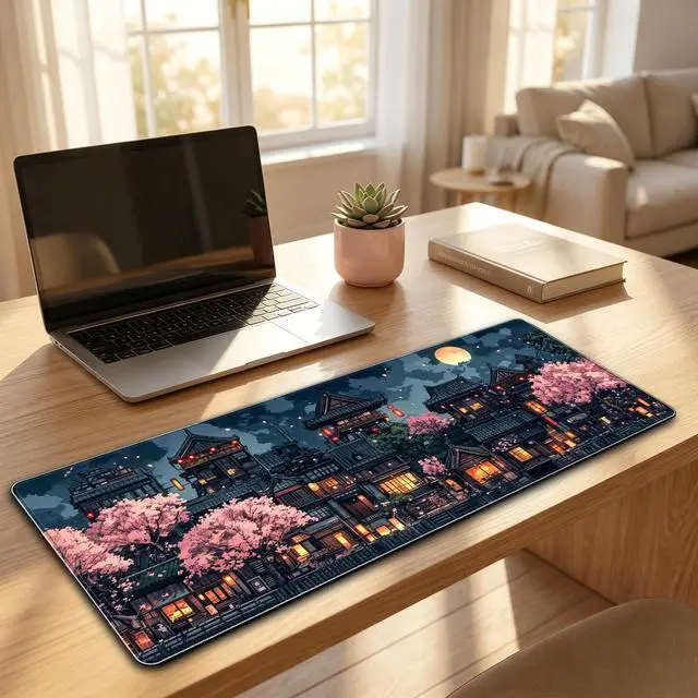 Alt view image 6 of 6 - Anime Cherry Blossom & Night Scene Desk Mat - Non-Slip XL/XXL Gaming Mouse Pad with Rubber Base, Durable Computer Accessory for Home Office, Gift for Gamers