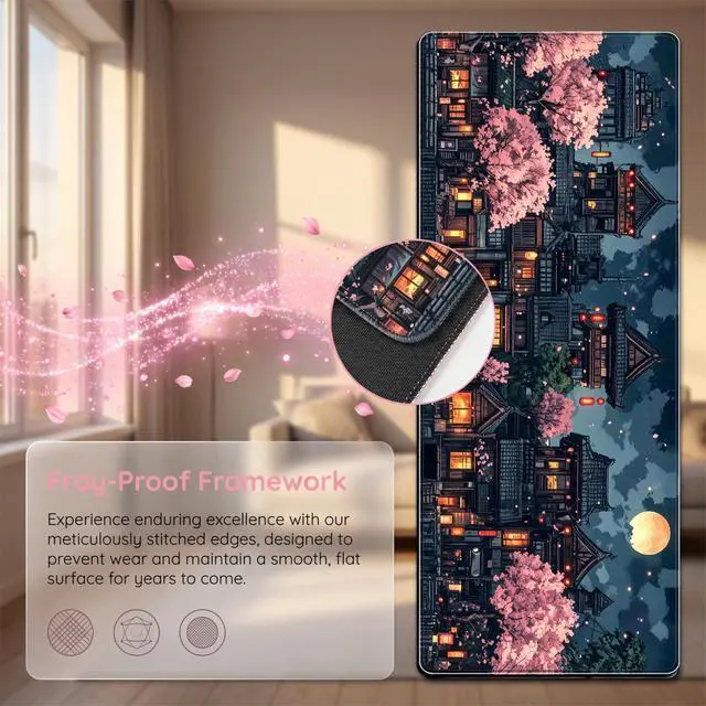 Alt view image 4 of 6 - Anime Cherry Blossom & Night Scene Desk Mat - Non-Slip XL/XXL Gaming Mouse Pad with Rubber Base, Durable Computer Accessory for Home Office, Gift for Gamers