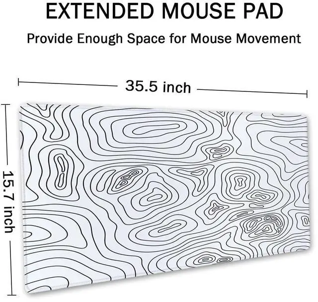 Alt view image 2 of 7 - White Topographic Desk Mat - Extended Gaming Mouse Pad (35.5x15.7 in), Large Non-Slip Rubber Base with Stitched Edges