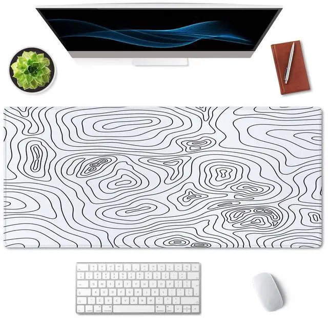 Alt view image 3 of 7 - White Topographic Desk Mat - Extended Gaming Mouse Pad (35.5x15.7 in), Large Non-Slip Rubber Base with Stitched Edges