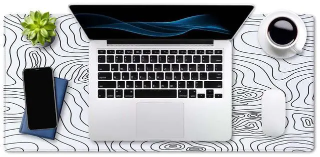 Alt view image 4 of 7 - White Topographic Desk Mat - Extended Gaming Mouse Pad (35.5x15.7 in), Large Non-Slip Rubber Base with Stitched Edges