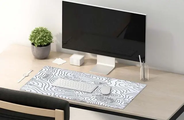 Alt view image 5 of 7 - White Topographic Desk Mat - Extended Gaming Mouse Pad (35.5x15.7 in), Large Non-Slip Rubber Base with Stitched Edges