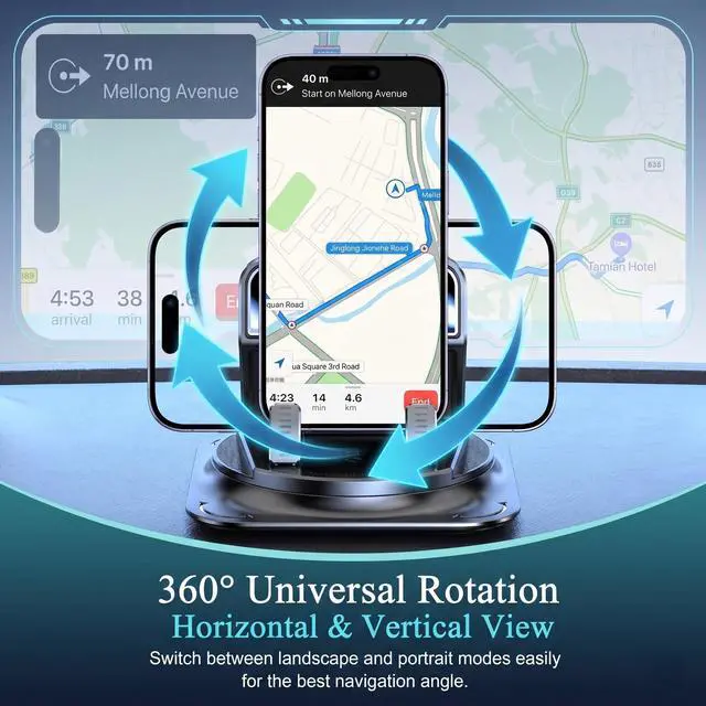 Alt view image 3 of 6 - Car Dashboard Phone Holder, 360-degrees Rotating Non-Slip Navigation Mount, Auto-Locking Portable Stand with Self-Adhesive, Universal Wider Bracket for Most Size Smartphones (Black)