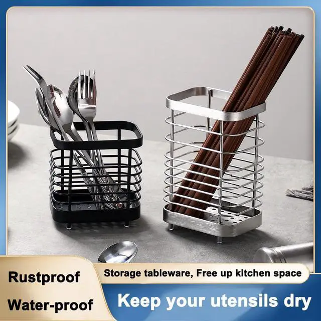Alt view image 6 of 6 - Utensil Holder, Stainless Steel Sink Drying Rack, Silverware Cutlery Flatware Holder, Cutlery Drainer for Utensils, Rust-Proof Kitchen Sink Organizer (Black)