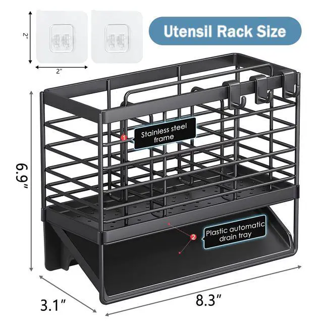 Alt view image 2 of 7 - Utensil Holder, Kitchen Drying Rack with Plastic Automatic Drain Tray