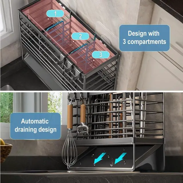 Alt view image 4 of 7 - Utensil Holder, Kitchen Drying Rack with Plastic Automatic Drain Tray