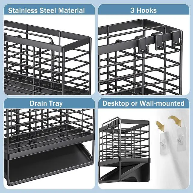Alt view image 3 of 7 - Utensil Holder, Kitchen Drying Rack with Plastic Automatic Drain Tray