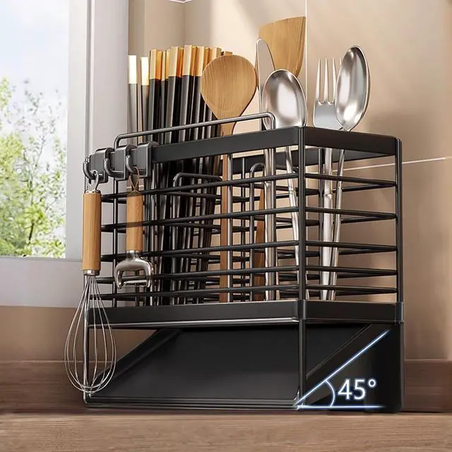 Alt view image 6 of 7 - Utensil Holder, Kitchen Drying Rack with Plastic Automatic Drain Tray