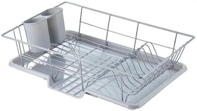 Main image of Space-Saving 3-Piece Dish Drainer Rack Set with Cutlery Holder - Maximize Kitchen Countertop Space, Silver