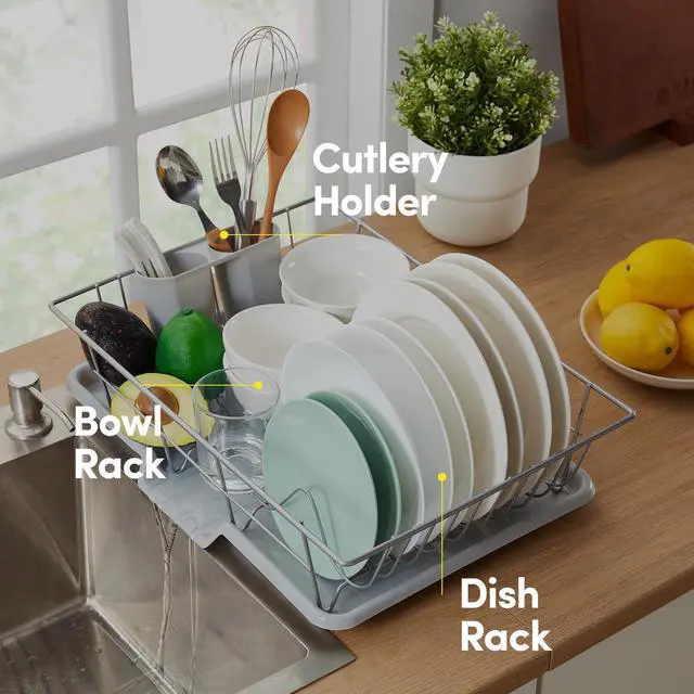 Alt view image 5 of 6 - Space-Saving 3-Piece Dish Drainer Rack Set with Cutlery Holder - Maximize Kitchen Countertop Space, Silver