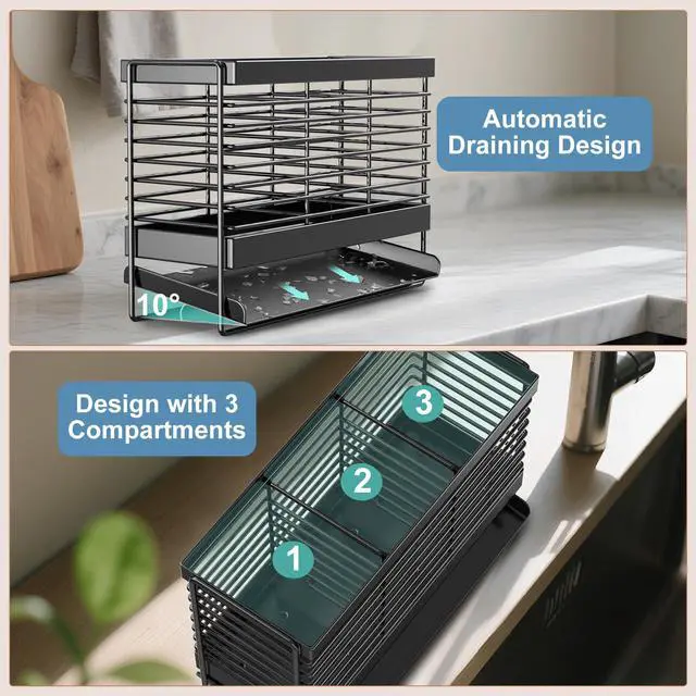 Alt view image 4 of 7 - Utensil Holder, Drying Rack with Automatic Drain Tray for Kitchen Counter