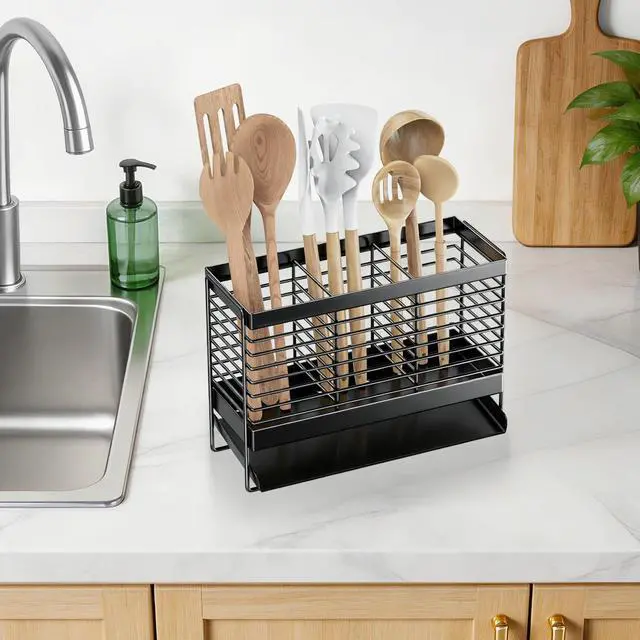 Alt view image 5 of 7 - Utensil Holder, Drying Rack with Automatic Drain Tray for Kitchen Counter