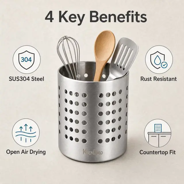 Alt view image 3 of 6 - SUS304 Small Stainless Steel Utensil Holder for Countertop, Silver