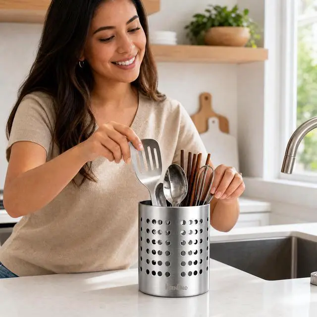 Alt view image 6 of 6 - SUS304 Small Stainless Steel Utensil Holder for Countertop, Silver