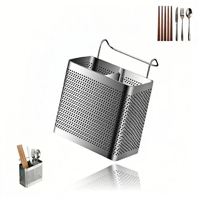 Main image of Stainless Steel Utensil Holder for Kitchen Counter, 2 Compartment Cutlery Organizer with Hooks, Dishwasher Safe Flatware Drying Caddy for Sink & Dish Rack (Brushed Finish)