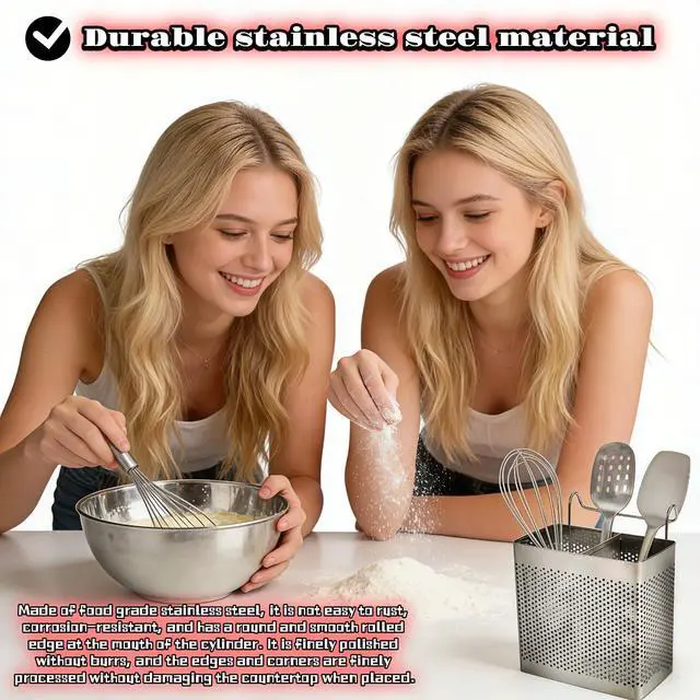 Alt view image 4 of 7 - Stainless Steel Utensil Holder for Kitchen Counter, 2 Compartment Cutlery Organizer with Hooks, Dishwasher Safe Flatware Drying Caddy for Sink & Dish Rack (Brushed Finish)