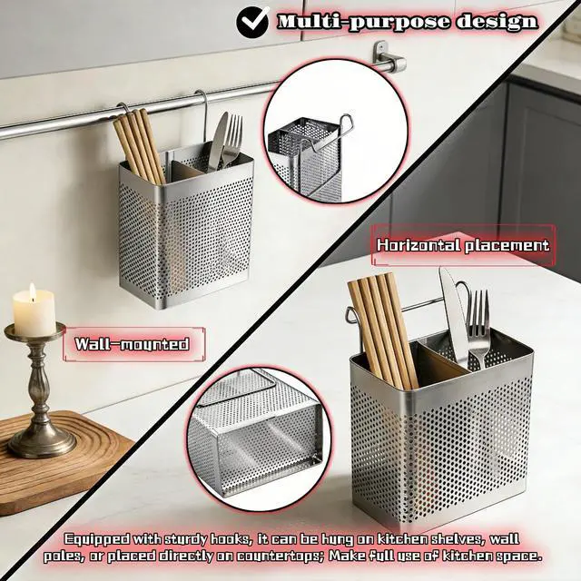 Alt view image 6 of 7 - Stainless Steel Utensil Holder for Kitchen Counter, 2 Compartment Cutlery Organizer with Hooks, Dishwasher Safe Flatware Drying Caddy for Sink & Dish Rack (Brushed Finish)