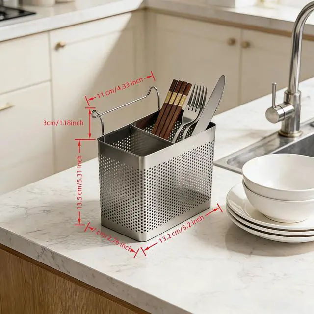 Alt view image 2 of 7 - Stainless Steel Utensil Holder for Kitchen Counter, 2 Compartment Cutlery Organizer with Hooks, Dishwasher Safe Flatware Drying Caddy for Sink & Dish Rack (Brushed Finish)