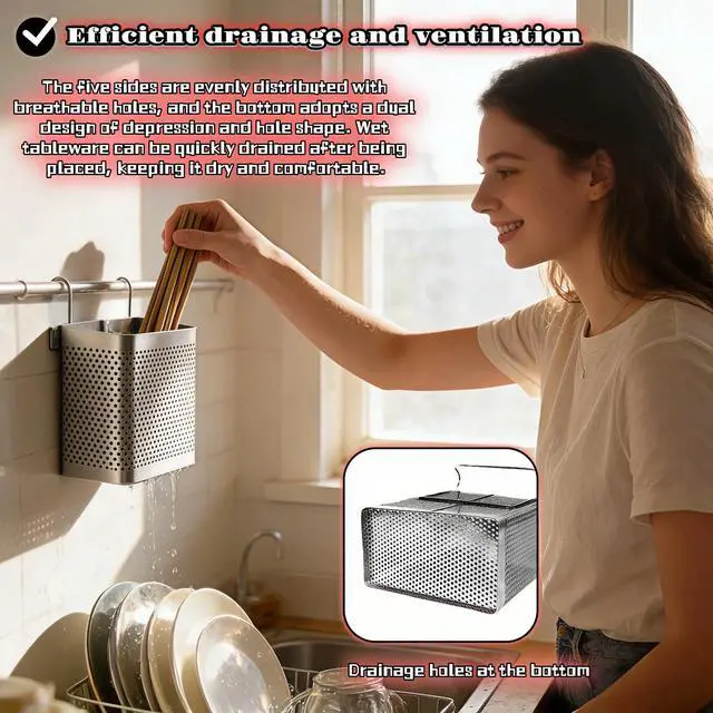 Alt view image 5 of 7 - Stainless Steel Utensil Holder for Kitchen Counter, 2 Compartment Cutlery Organizer with Hooks, Dishwasher Safe Flatware Drying Caddy for Sink & Dish Rack (Brushed Finish)