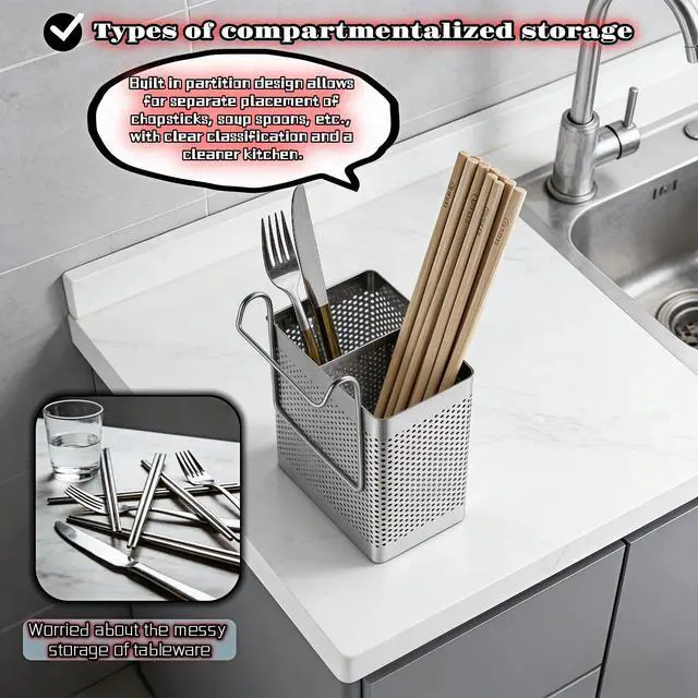 Alt view image 3 of 7 - Stainless Steel Utensil Holder for Kitchen Counter, 2 Compartment Cutlery Organizer with Hooks, Dishwasher Safe Flatware Drying Caddy for Sink & Dish Rack (Brushed Finish)