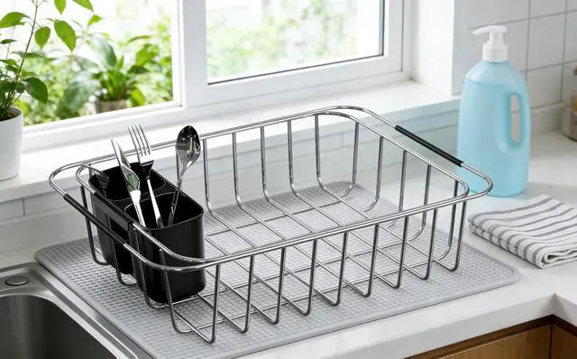Alt view image 5 of 6 - Dish Rack Utensil Holder, Hanging Cutlery Drainer Caddy with Hooks, 2 Compartment Flatware Organizer for Forks, Spoons, Knives, Fits Over Most Dish Drying Racks, Black
